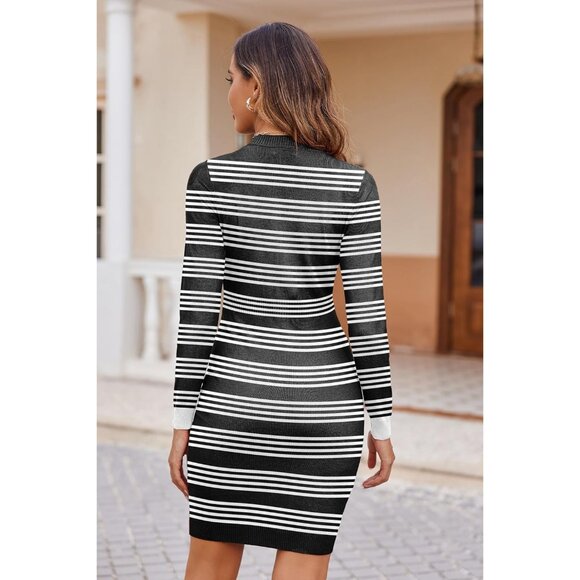 Women Colorblock Striped Long Sleeve Cotton Black White Sweater Bodycon Dress - Picture 5 of 5